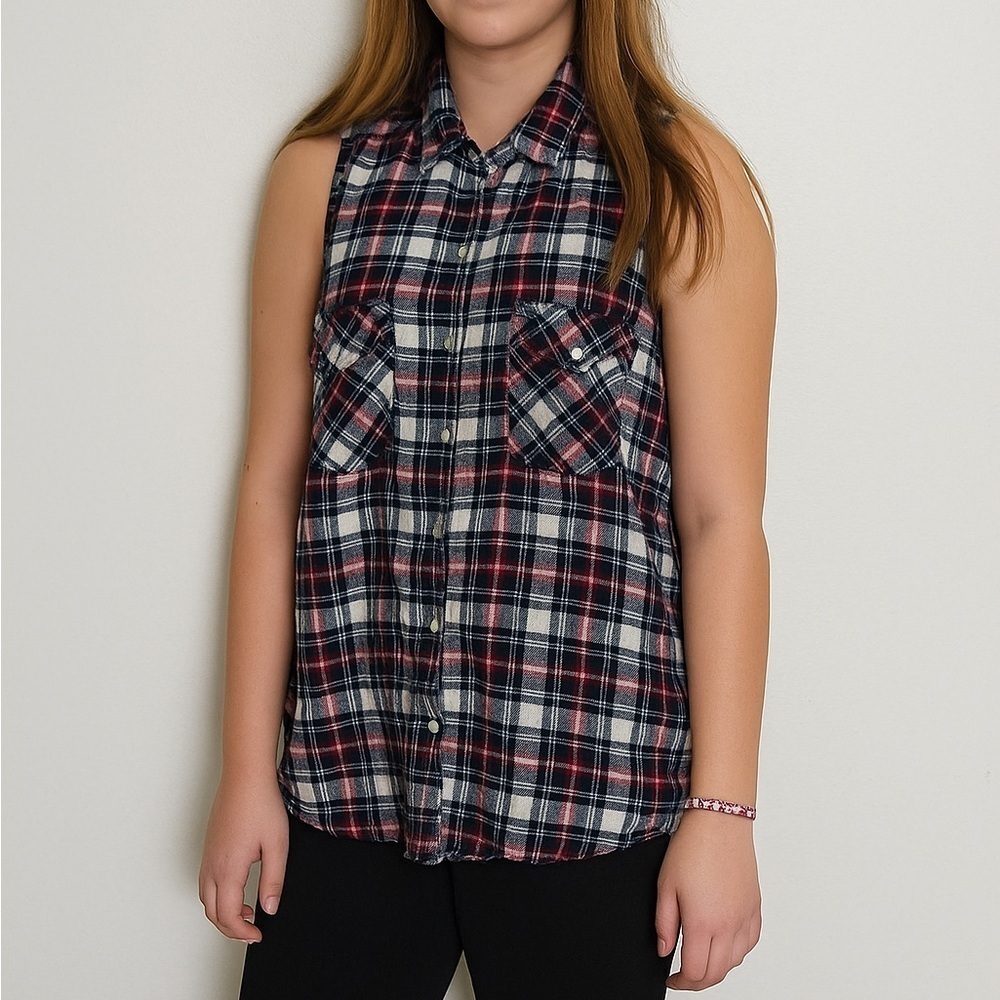 Mudd Button Down Tank Top Sleeveless Plaid Pearl Snaps Casual Red White Blue